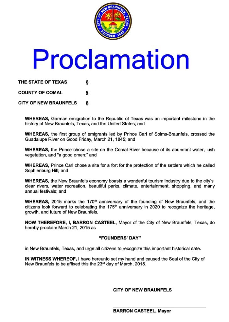 Proclamation for Founders Day in New Braunfels
