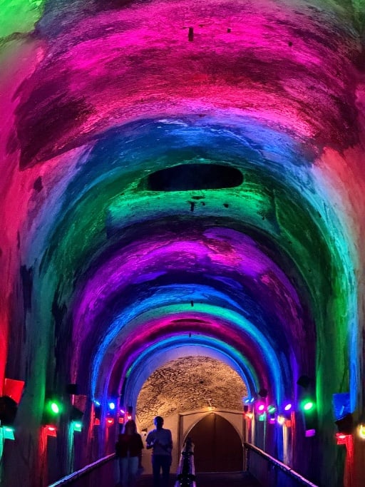 Pommery stairway with bright colored lights © Scott Kendall