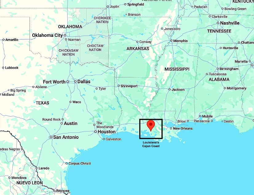 Map of Cajun Coast location in southeast US © Map by Google