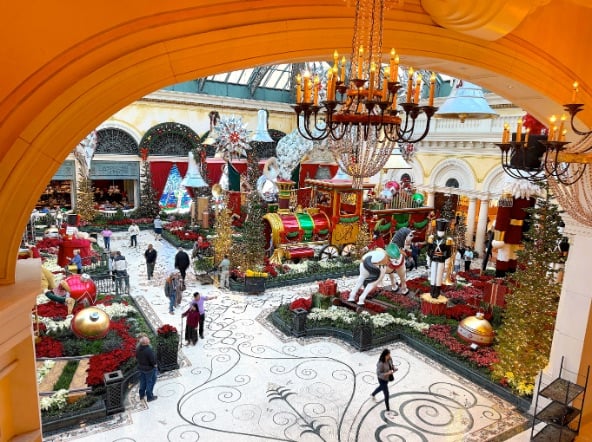 The Bellagio Christmas scene from fitness center balcony © Scott Kendall