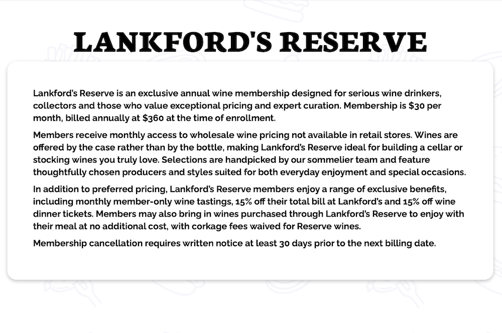 Lankford's Reserve Wine Club © Lankford's