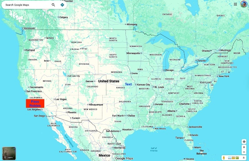 Map of Paso Robles in Central Coastal California © Google Maps