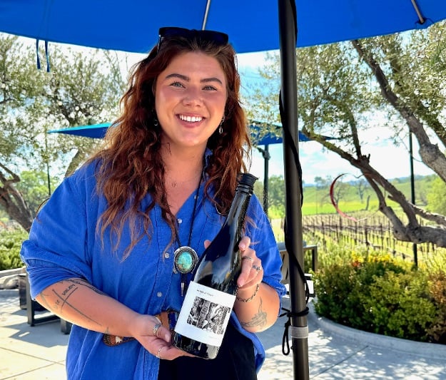 J Dusi hostess Hailey with Cornflower Blue 100% Mourvèdre © Scott Kendall