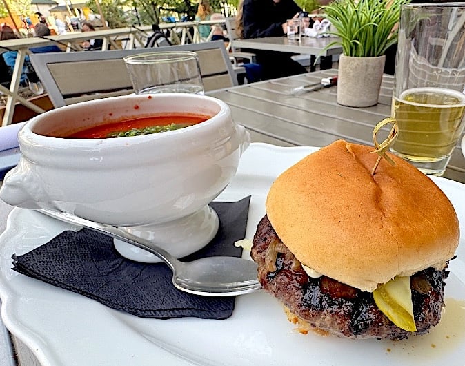 Banff Social trademark bison burger with roasted tomato soup © Scott Kendall