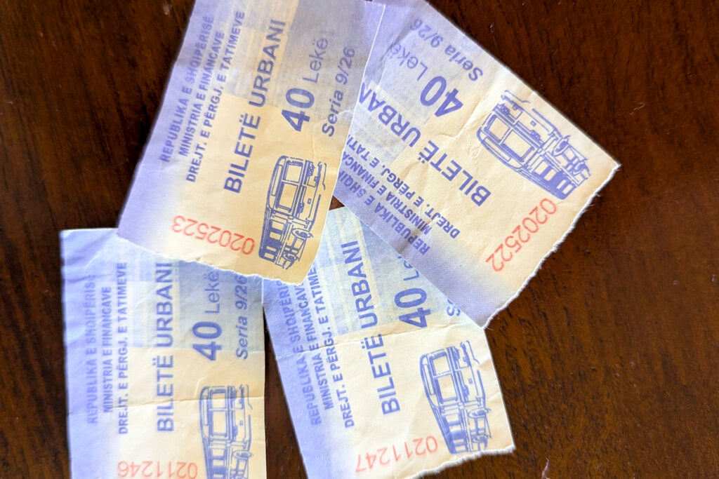 Vlorë City Bus tickets – 40 LEK or about 40¢ © Mary Charlebois