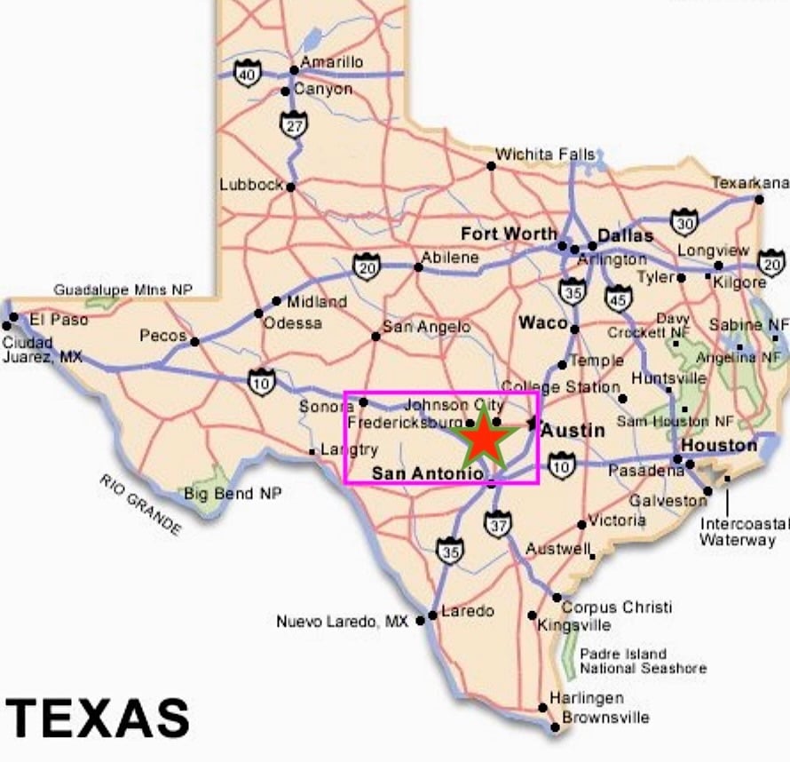 Hye is the star on this Texas Map with the Hill Country in Pink © Map by Google 