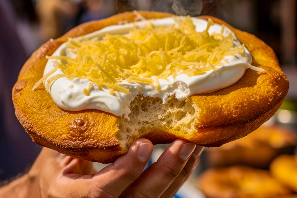 Langos with cheese and sour cream © Mary Charlebois 