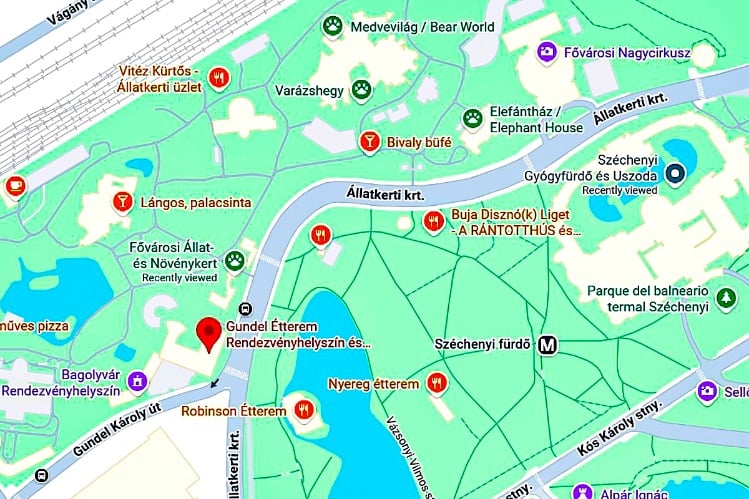 Gundel is surrounded by City Park and the Budapest Zoo and Botanical Gardens © Google Maps