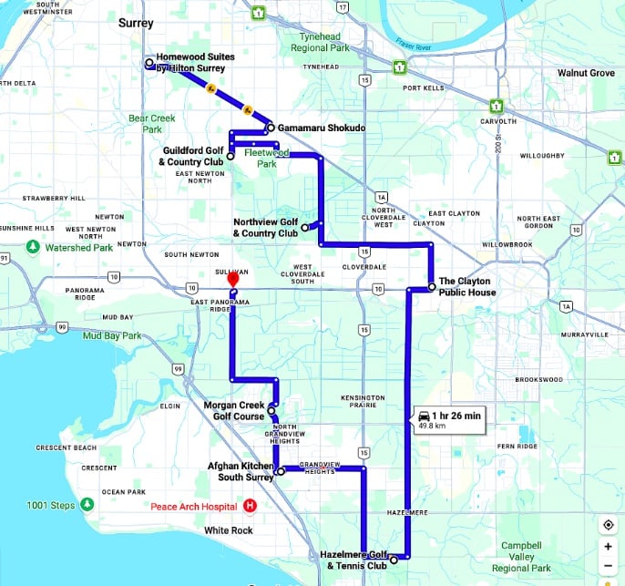 Surrey local map of destinations © Map by Google