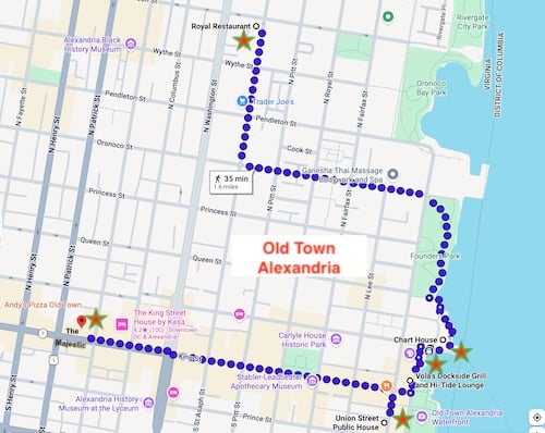 Map of five restaurants in Old Town Alexandria covered in this article © Map by Google